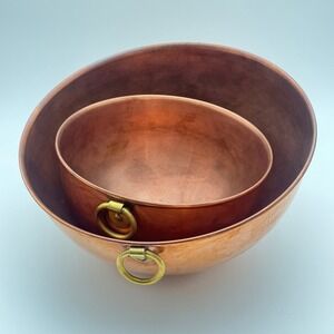 Copper Mixing Bowls Set of 2 Brass Ring Handles Round Bottom Kitchenware vintage